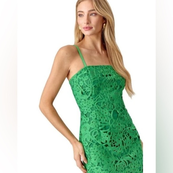 Adelyn Rae Green Monica Open-Stitch Lace Asymmetric Hem Dress Green NWT - Picture 5 of 15